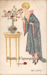 Woman Smelling Flowers: Iloista Vapunpaivaa! Postcard