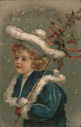 A Happy Christmas To You - Child in winter clothes carrying ponsietta Children Postcard Postcard Postcard