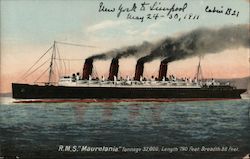 R.M.S. "Mauretania" Tonnage 32,000 Length 790 Feet Breadth 88 Feet Steamers Postcard Postcard Postcard