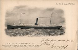 S.S. Comanche, Clyde Steamship Co., General Offices, Pier 36 North River Branch, 290 Broadway, New York Postcard