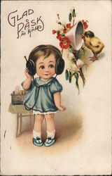 Glad Påsk - Happy Easter, Girl in Headphones Listens to Bird Chirping Postcard