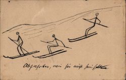 Hand Drawing of Stick Figure Skiers Postcard