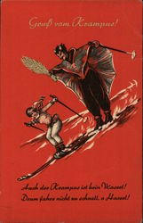 Devil Chasing Skier Skiing Postcard Postcard Postcard