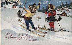 Bonne Annee: Cats Skiing Postcard