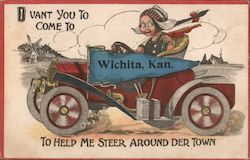 Dutch Girl in Motor Car with Wichita Pennant Kansas Postcard Postcard Postcard