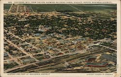 View from the Air, Showing Railroad Yards, Viaduct, Depots, Business District Cheyenne, WY Postcard Postcard Postcard