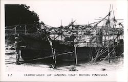 Camouflaged Jap Landing Craft, Motobu Peninsula Postcard