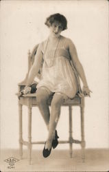 Young Woman in Negligee, Stockings, Garters, Pearls Risque & Nude Postcard Postcard Postcard