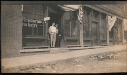 Two Men Stand in Front of Restaurant Bakery Occupational Postcard Postcard Postcard