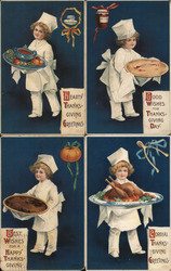 Set of 4 Children with Thanksgiving Dishes Postcard