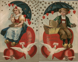 Set of 2 Children with Umbrellas on Hearts Postcard