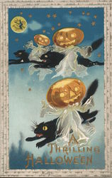 A Thrilling Halloween Flying Black Cats and Punpkins Postcard