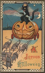 A Joyous Hallowe'en Cat Riding Pumpkin Pulled by Mice Halloween Postcard Postcard Postcard