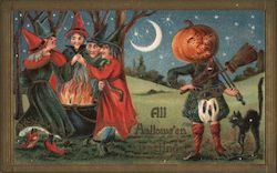 All Halloween Greeting Witches Around Cauldron and Scarecrow Postcard