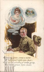 Soldier Dreaming of Girl at Home Military Postcard Postcard Postcard