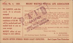 Mount Whitney Mutual Life Association Correspondence Card Postcard