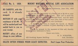 Mount Whitney Mutual Life Association Correspondence Card Postcard