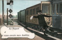 Boy Waving From Train Postcard