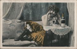 Woman in Petticoat with Ankle Showing Drinking Wine Postcard