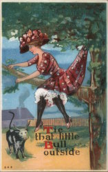 Woman Treed by Bull Postcard