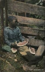 African American Male Child Holding a Slice of Watermelon Postcard