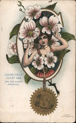 Connecticut State Girl Seal and Flower (Dogwood) Postcard