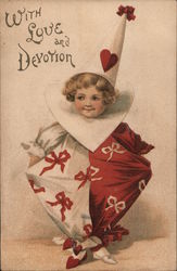 With Love and Devotion Child Dressed up in Jester's Outfit Covered in Hearts Postcard