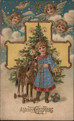 A Merry Christmas -- Child with Donkey in Front of Tree Angels Postcard