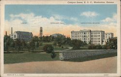 Campus Scene, K.S.C.- Library, Vetinary Hall, Agricultural Building Postcard