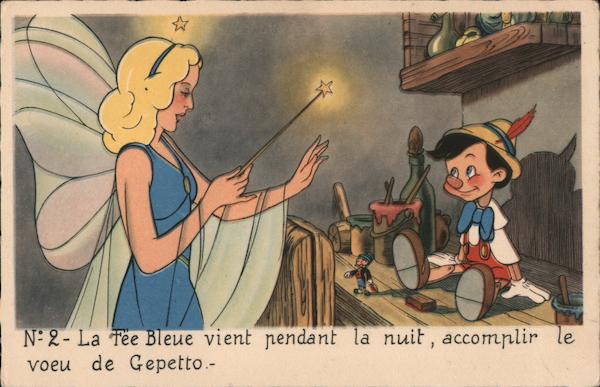 Walt Disney S Pinocchio The Blue Fairy Comes At Night To Fulfill The Dream Of Gepetto France Cartoons Postcard