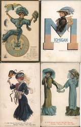 Lot of 4 University of Michigan College Girls, Pennants, Flags, Football, Mascots Postcard