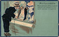 Mollycoddle: Male person who lingers before windows filled with ladies lingerie Postcard