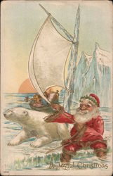 A Joyful Christmas Santa with Polar Bear on Iceberg Postcard