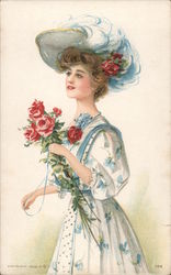 A Woman in a white dress and large hat holding roses. Women Postcard Postcard Postcard