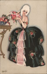 Woman in black dress with flowers Postcard