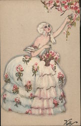 Woman in white floral dress reaching for flowers Postcard