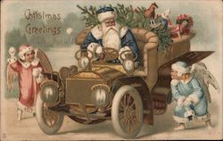 Santa Drives a Car Loaded With Toys, Angels Have a Snowball Fight Santa Claus Postcard Postcard Postcard