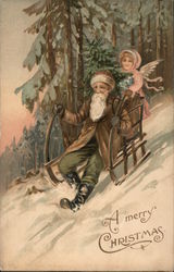 A merry Christmas post card showing Santa riding a sled in the snow with a tree and fairy. Th. E. L. Serie 102 Santa Claus Postc Postcard