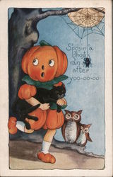 Rare Embossed Whitney S'posin' a ghost ran after yoo-oo-oo Halloween Post Card With a Pumpkin Character Holding a Black Cat. Postcard