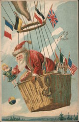 A Merry Christmas Santa In Hot Air Balloon, Flags Santa Claus Postcard Postcard Postcard