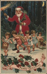 Merry Christmas Santa and children in a dark forest Santa Claus Postcard Postcard Postcard