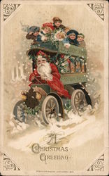 A Christmas Greeting Santa Driving Bus with Children & Toys Postcard