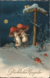 Mushroom Couple Walking in Snow: Gluckliches Neijahr Postcard