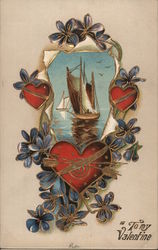 Sailing ship with hearts and flowers Postcard