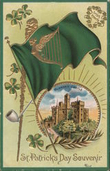 St. Patrick's Day Souvenir Post Card Depicting Blarney Castle, Clovers, Pipe and the Green Flag of Ireland. Postcard