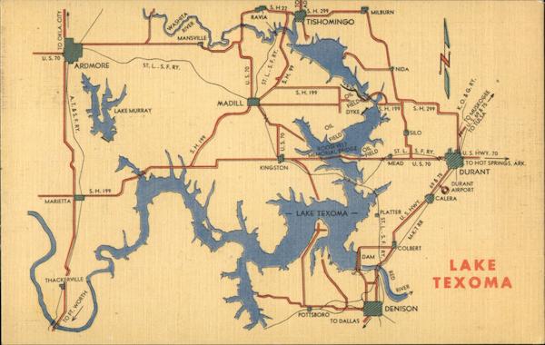 Map Of Lake Texoma And Surrounding Areas Texas Postcard 8269