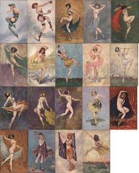 Set of 19: Nude Dancing Women Signed Gayac Postcard