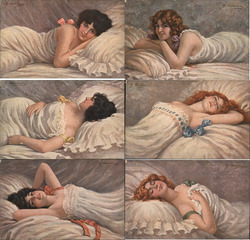 Set of 6: Women on Bed Artist Signed G. Caldana Postcard Postcard Postcard