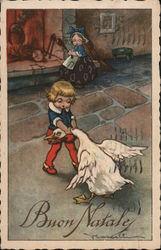 Buon Natale [Merry Christmas] - Little boy wringing a goose's neck while girl looks on Children Postcard Postcard Postcard