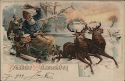 Frohliche Weihnacten - Santa in Sleigh Drawn by Reindeer Postcard